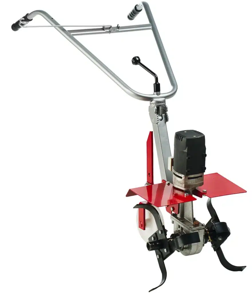 A red rototiller with metal blades