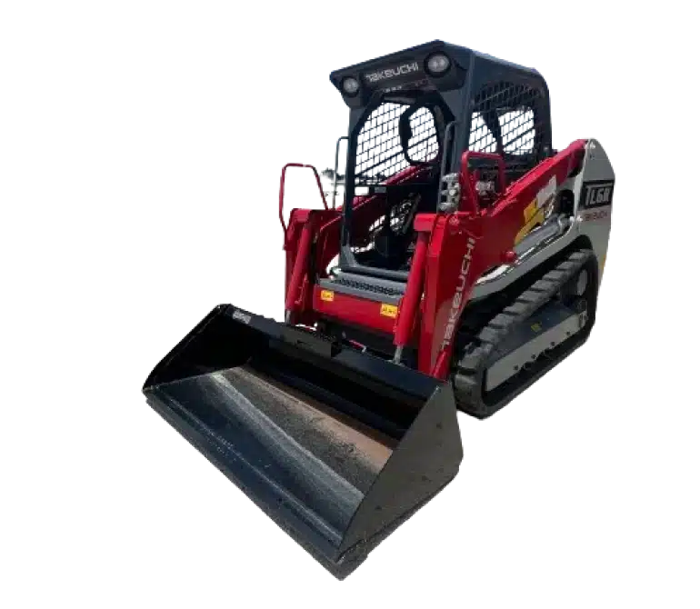 Red compact track loader with bucket