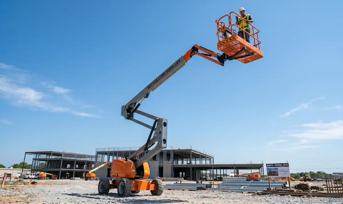 Blog 16 Boom lift rental extended to height on outdoor jobsite in Victoria TX