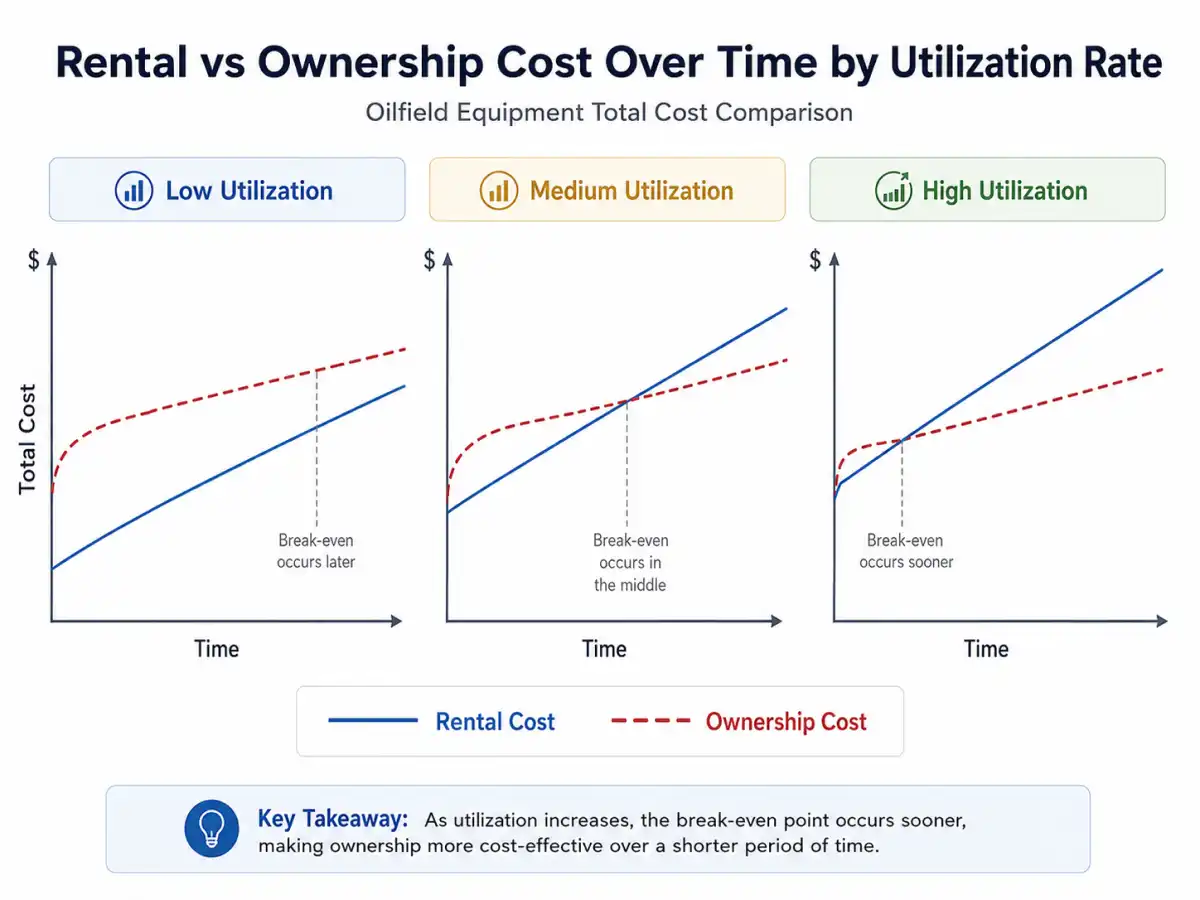Oilfield Equipment Rental vs. Buying in South Texas: What Actually Makes Financial Sense 1 Cost comparison chart for oilfield equipment rental vs buying by utilization rate