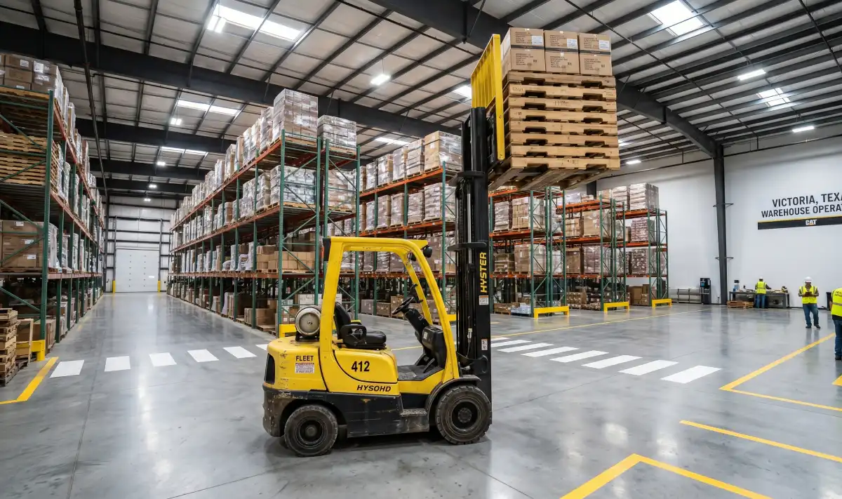 Telehandler vs. Forklift - Which Machine Do You Actually Need? 2 Forklift moving pallets inside a warehouse in Victoria TX on a smooth concrete floor