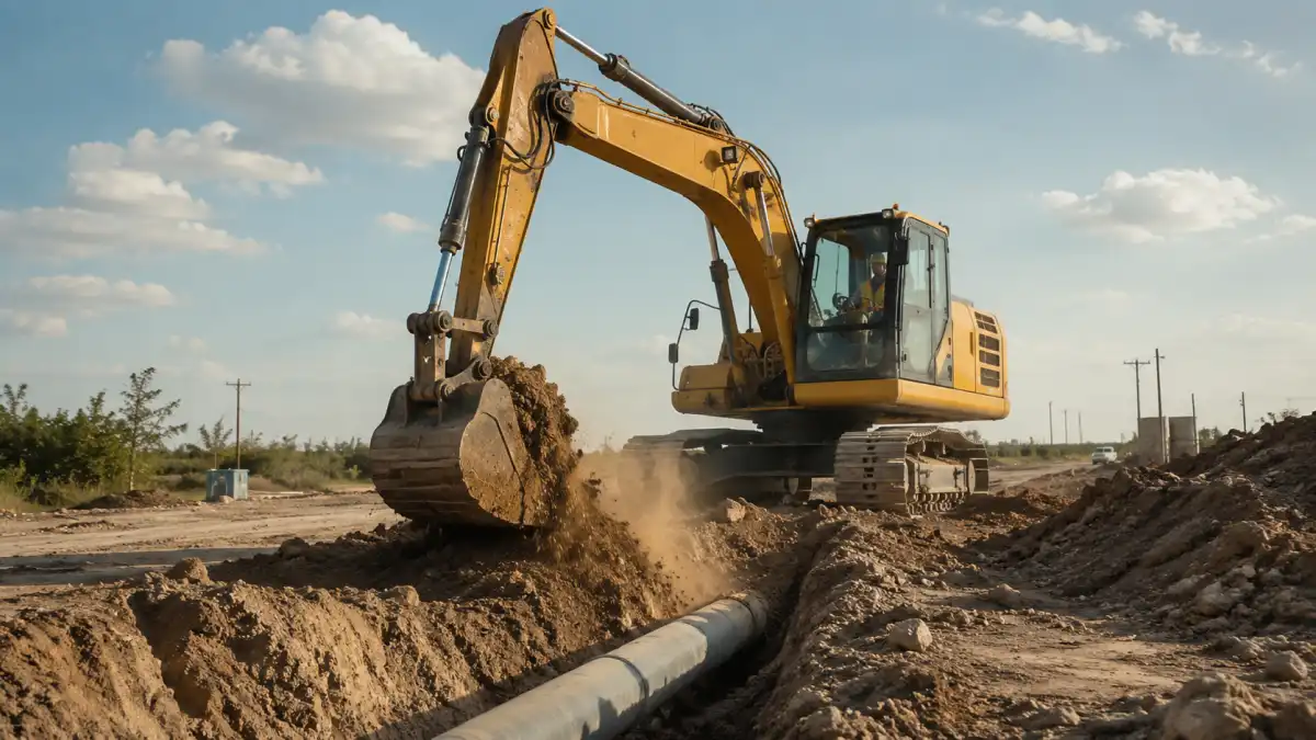 Blog 15 Excavator rental in South Texas working on construction project from AOS Rental