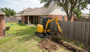 Mini excavator rental digging in a residential backyard in Victoria TX