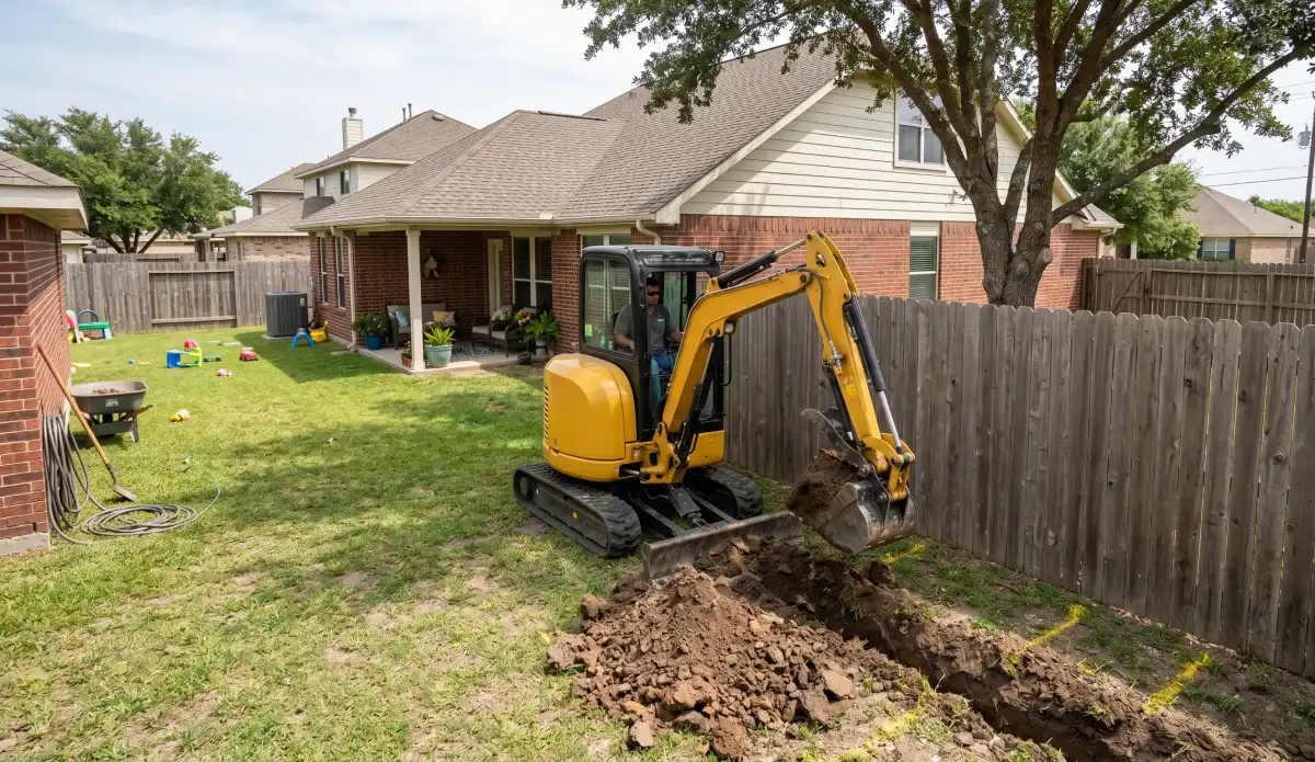 Blog 18 Mini excavator rental digging in a residential backyard in Victoria TX