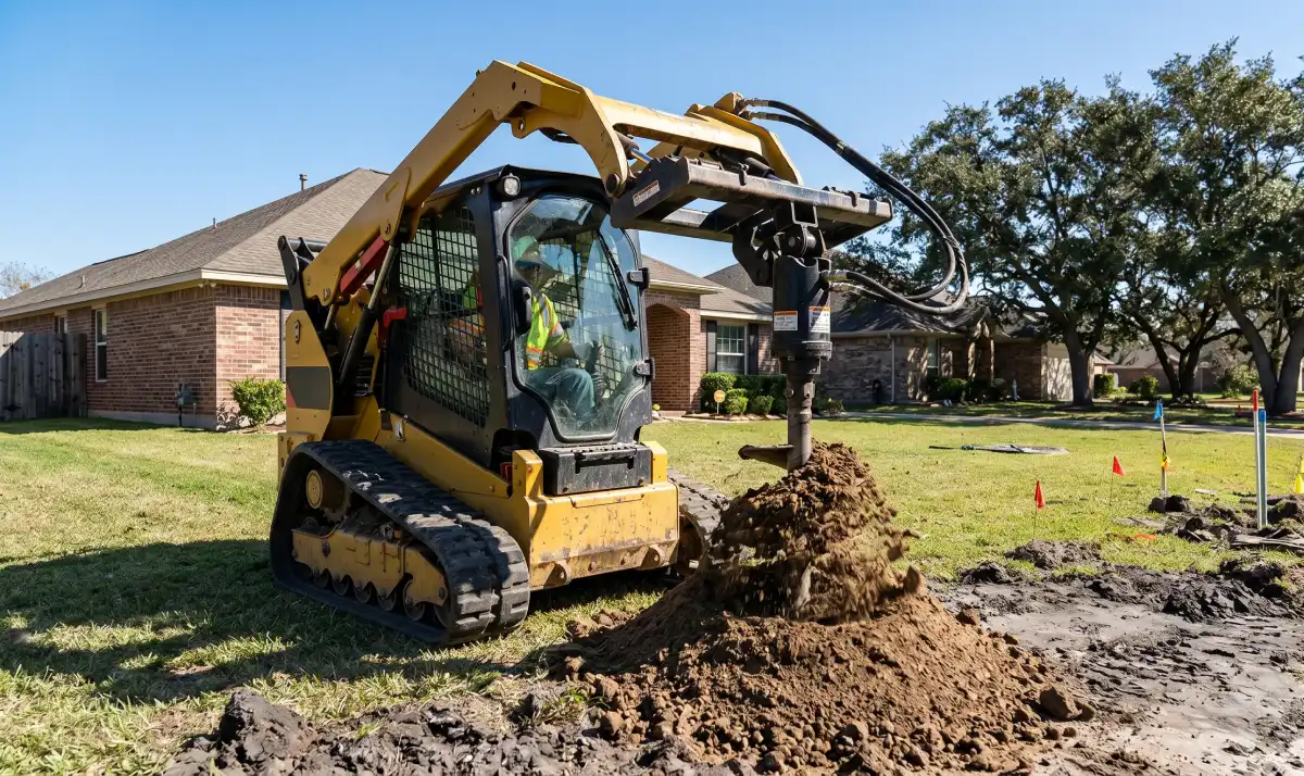 Blog 17 Skid steer with auger attachment drilling a post hole in a residential yard