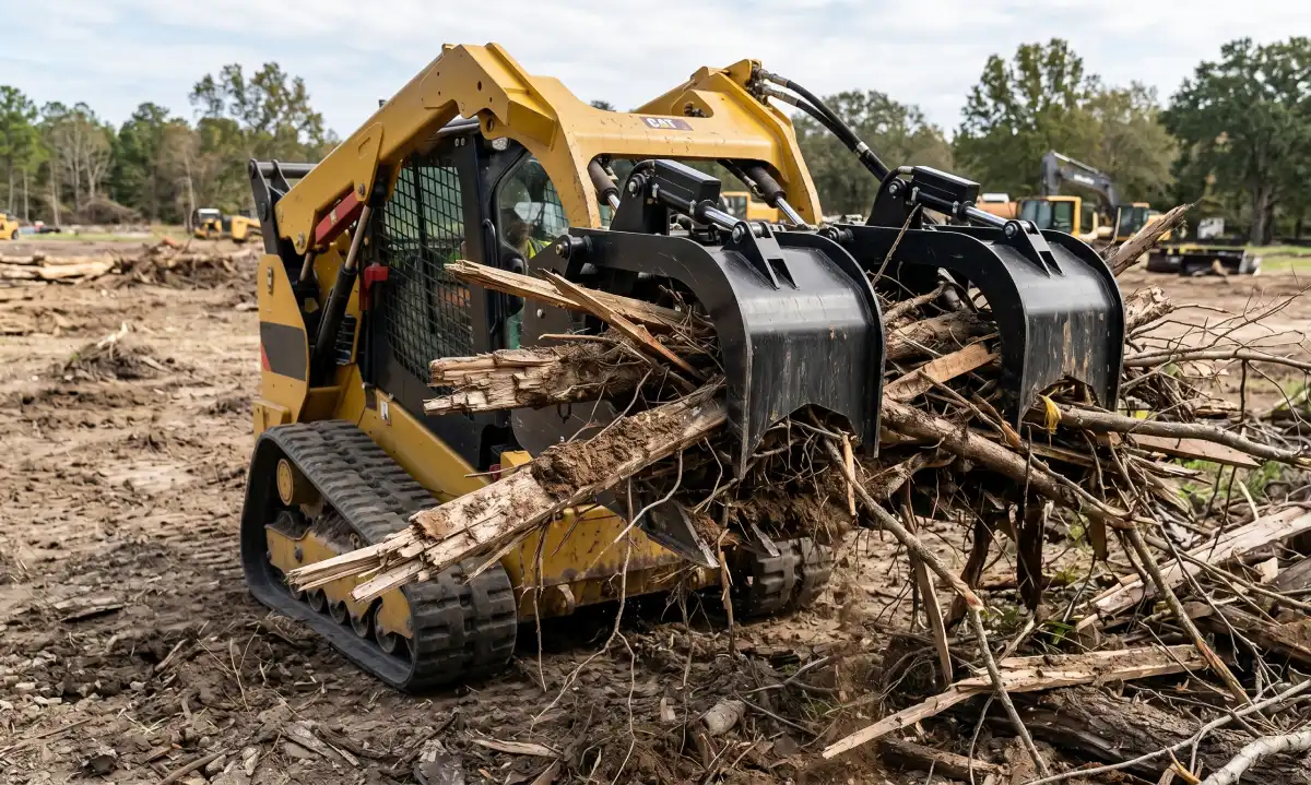 Skid Steer Attachments: What They Are and Which Ones You Actually Need 1 skid steer grapple bucket land clearing jpg