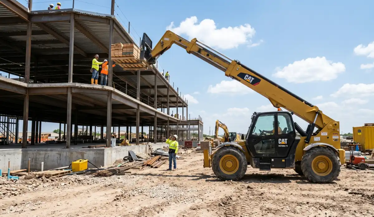 Telehandler vs. Forklift - Which Machine Do You Actually Need? 1 Telehandler extending boom to lift materials to second floor on a construction site in Victoria TX