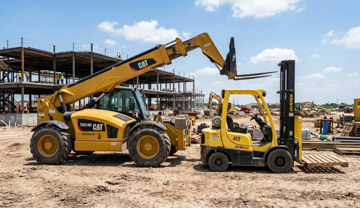 Blog 19 Telehandler and forklift side by side on a construction site in Victoria TX showing size and capability difference